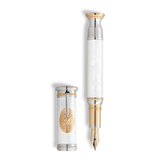 Pluma de lujo blanca con detalles dorados y plateados