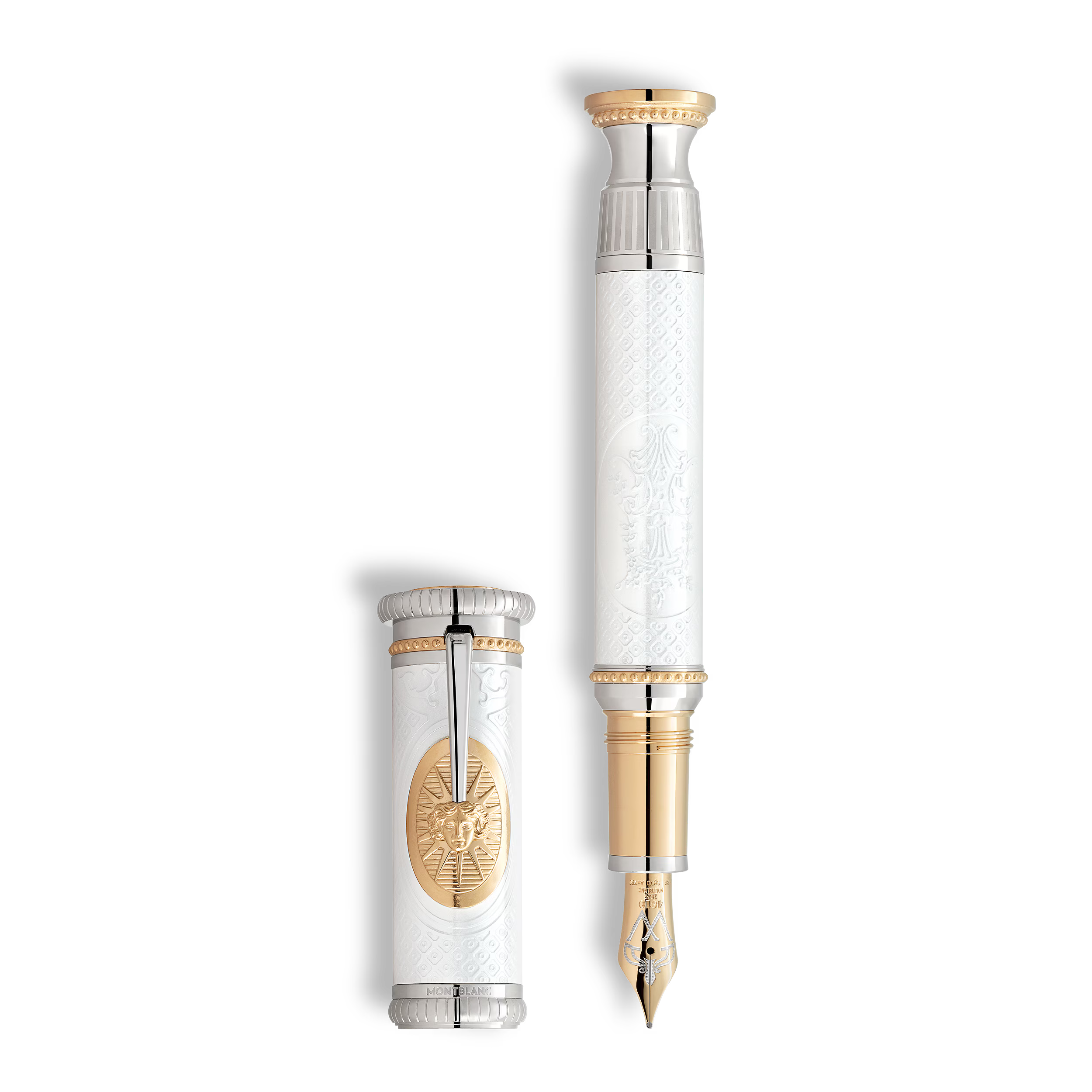 Pluma de lujo blanca con detalles dorados y plateados