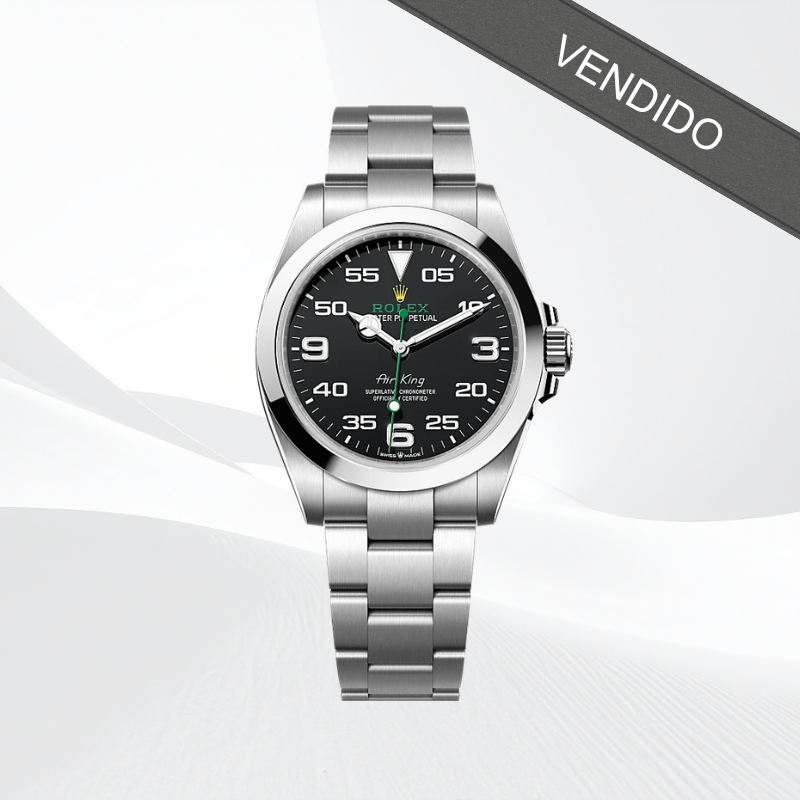 Reloj Rolex Air King de acero con esfera negra y brazalete metálico, números arábigos.