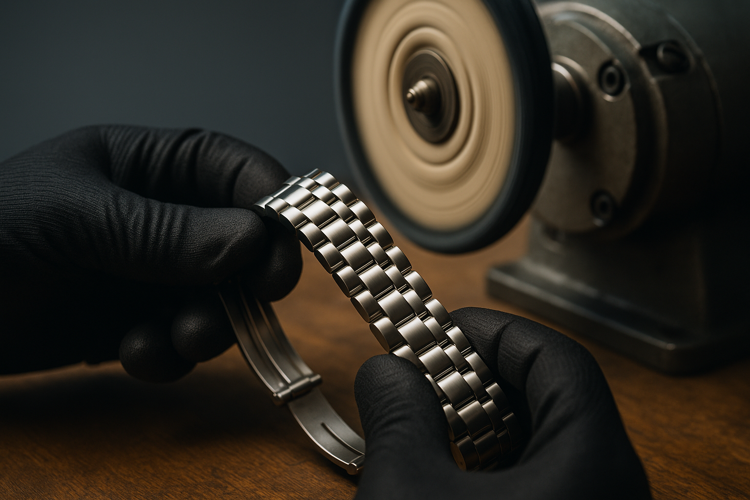 Manos con guantes puliendo la correa de un reloj