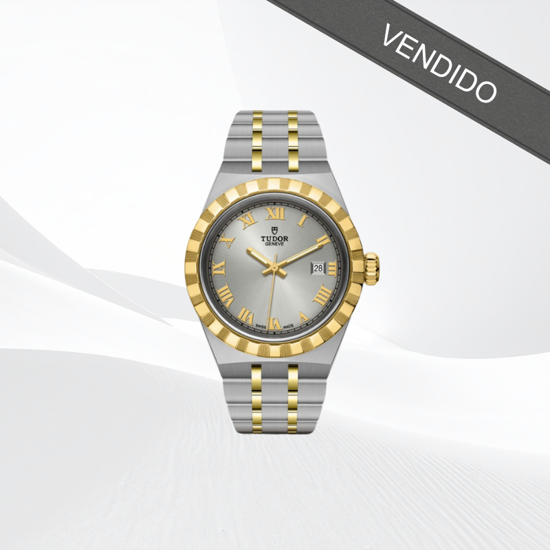 Reloj TUDOR Royal bicolor con esfera gris, bisel y detalles dorados, pulsera de acero